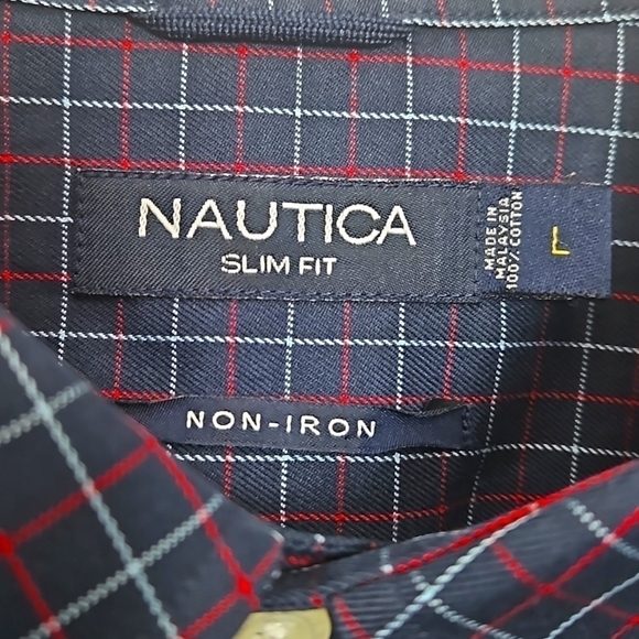 Mens Nautica Plaid Button Down Shirt Non Iron Sz Large Blue Red - Picture 2 of 6